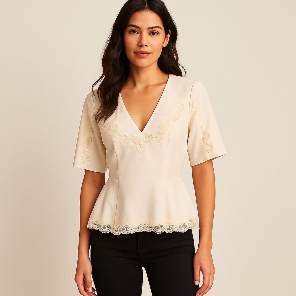 Rebecca Taylor Lace Inset Peplum Blouse 4 Feminine Ruffle Detail Top